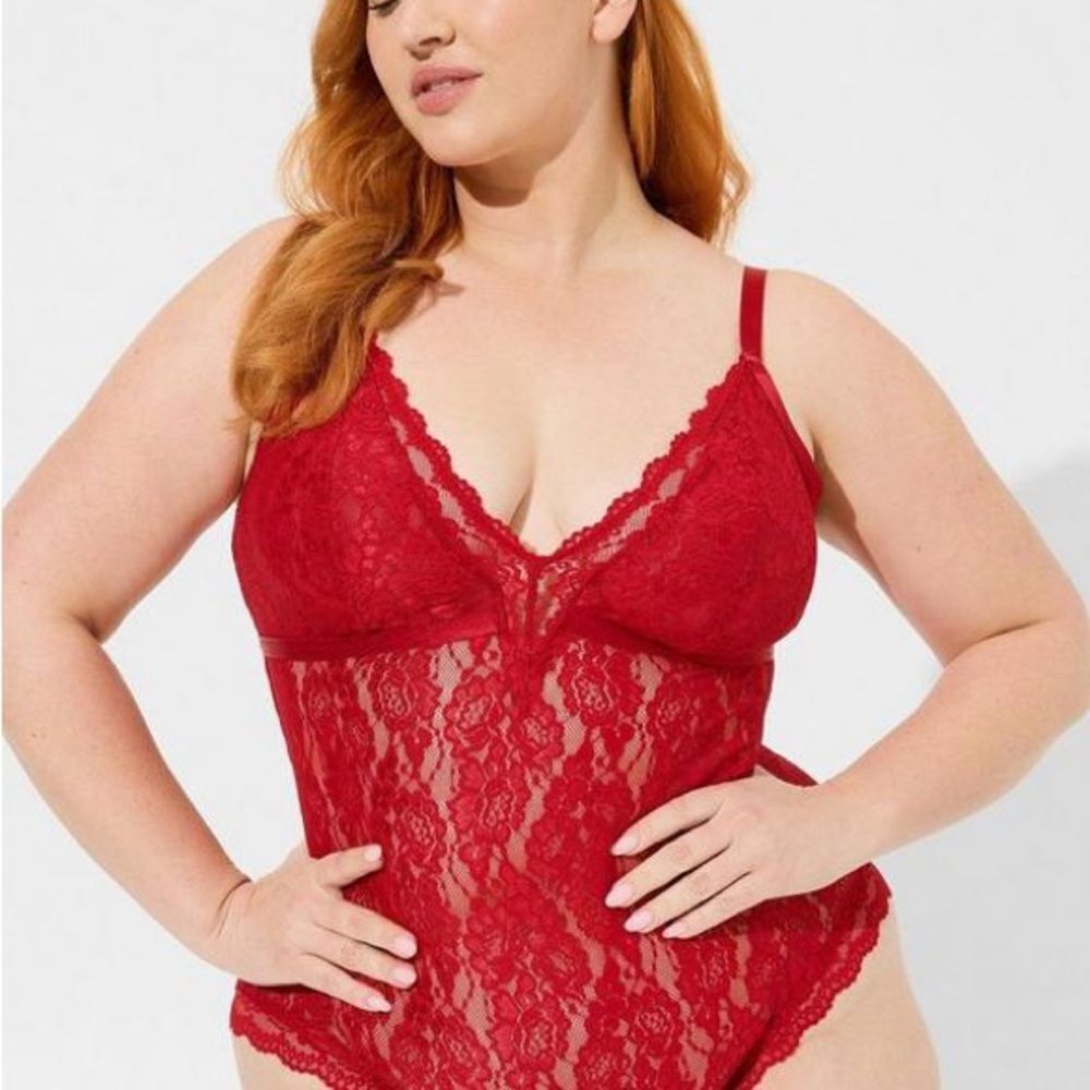 TORRID V-Neck Sheer Red Lace Bodysuit Strappy Back